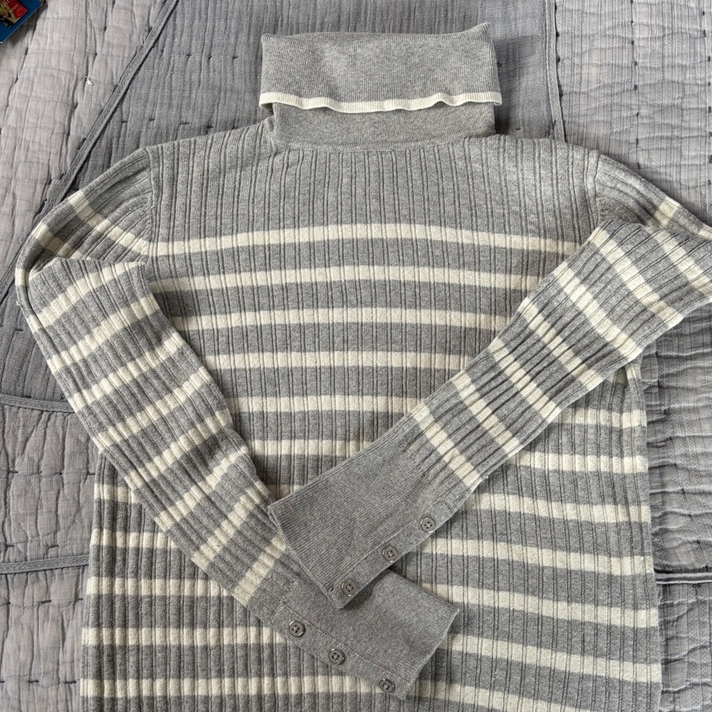 Talbots Gray and Cream Striped Turtleneck Sweater